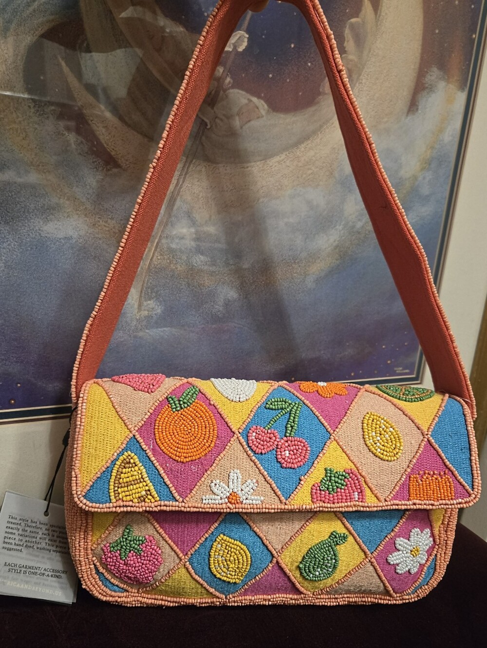 American & Beyond Viral Bright Fruit & Flower Patchwork Beaded Shoulder Bag New